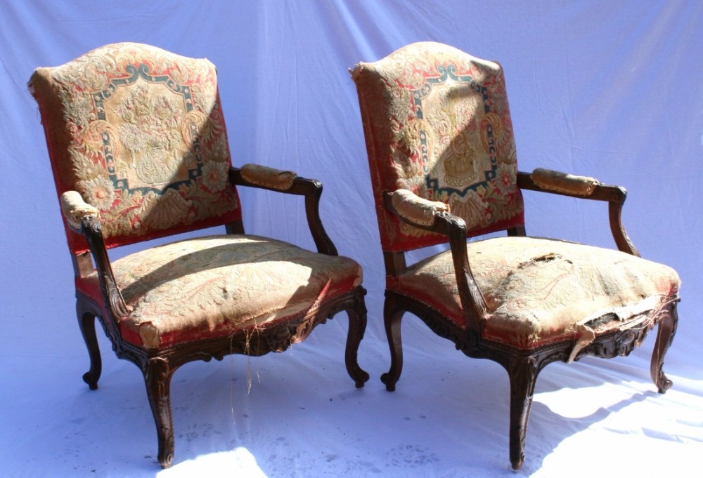 pair regence style walnut armchairs 