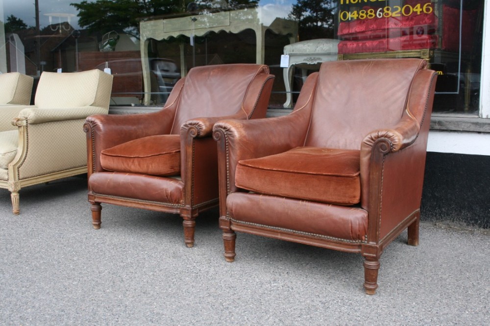 deco pair of leather club chairs