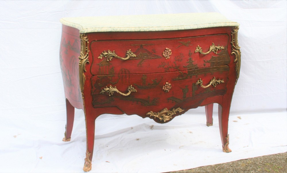 chinoiserie bombe red lacquer commode 