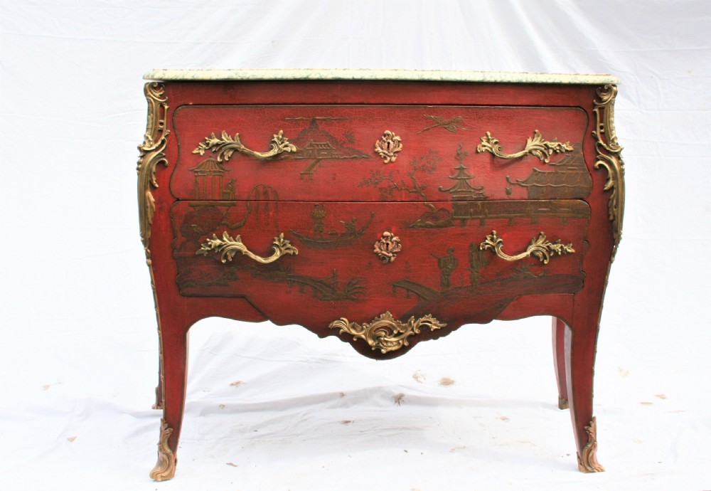 chinoiserie bombe red lacquer commode  View II