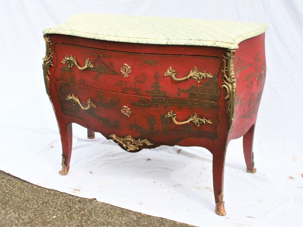 chinoiserie bombe red lacquer commode  View III