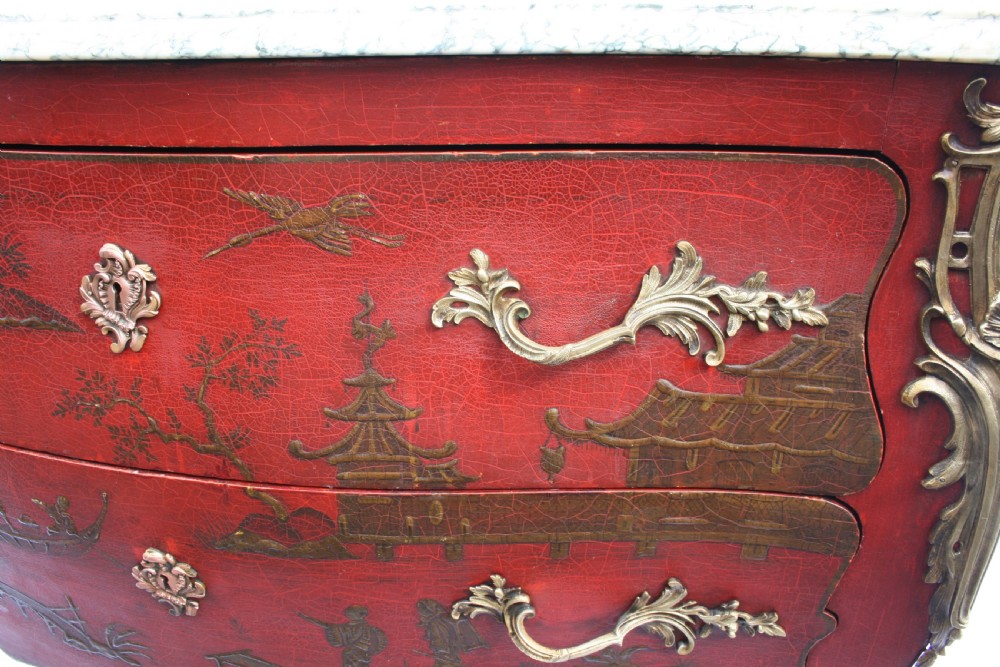 chinoiserie bombe red lacquer commode  View V