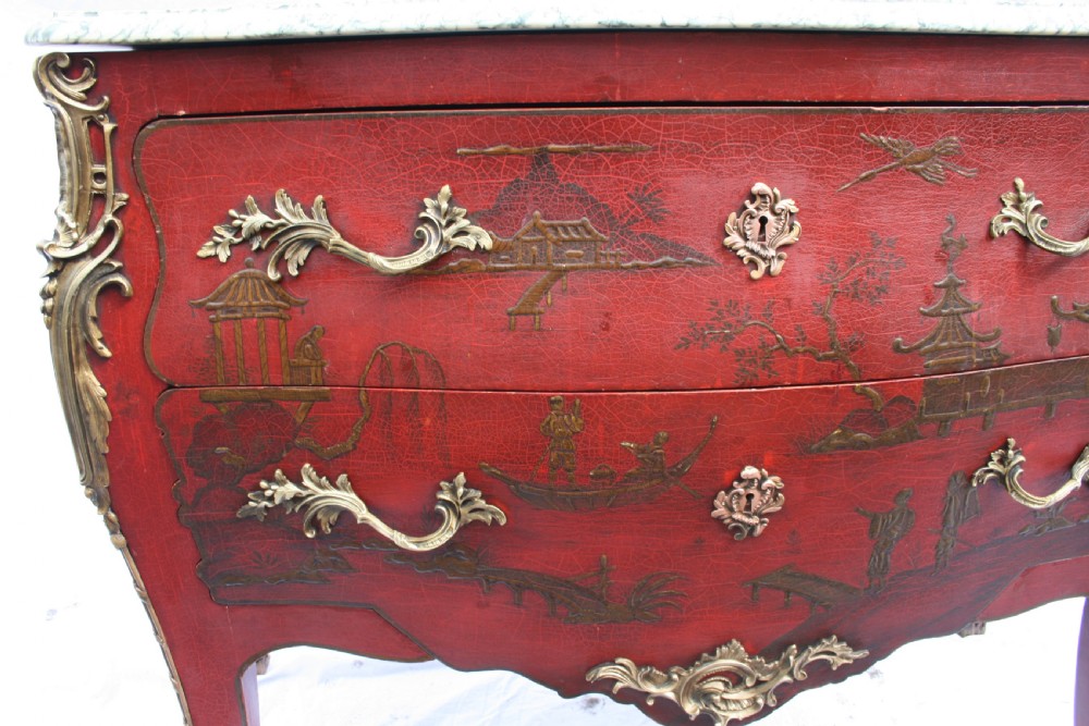 chinoiserie bombe red lacquer commode  View VI