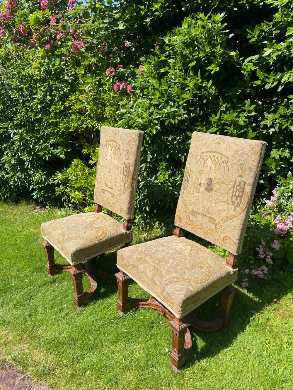 Pair of french walnut hall chairs 