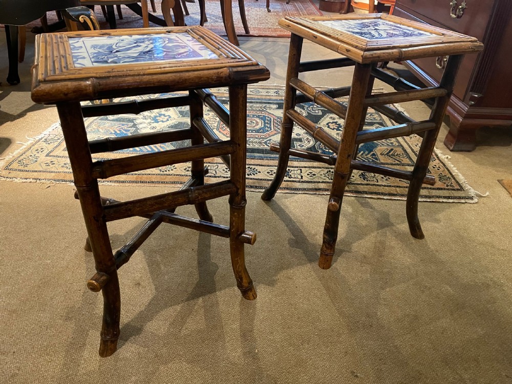 Pair of bamboo and Wedgwood side tables  View II
