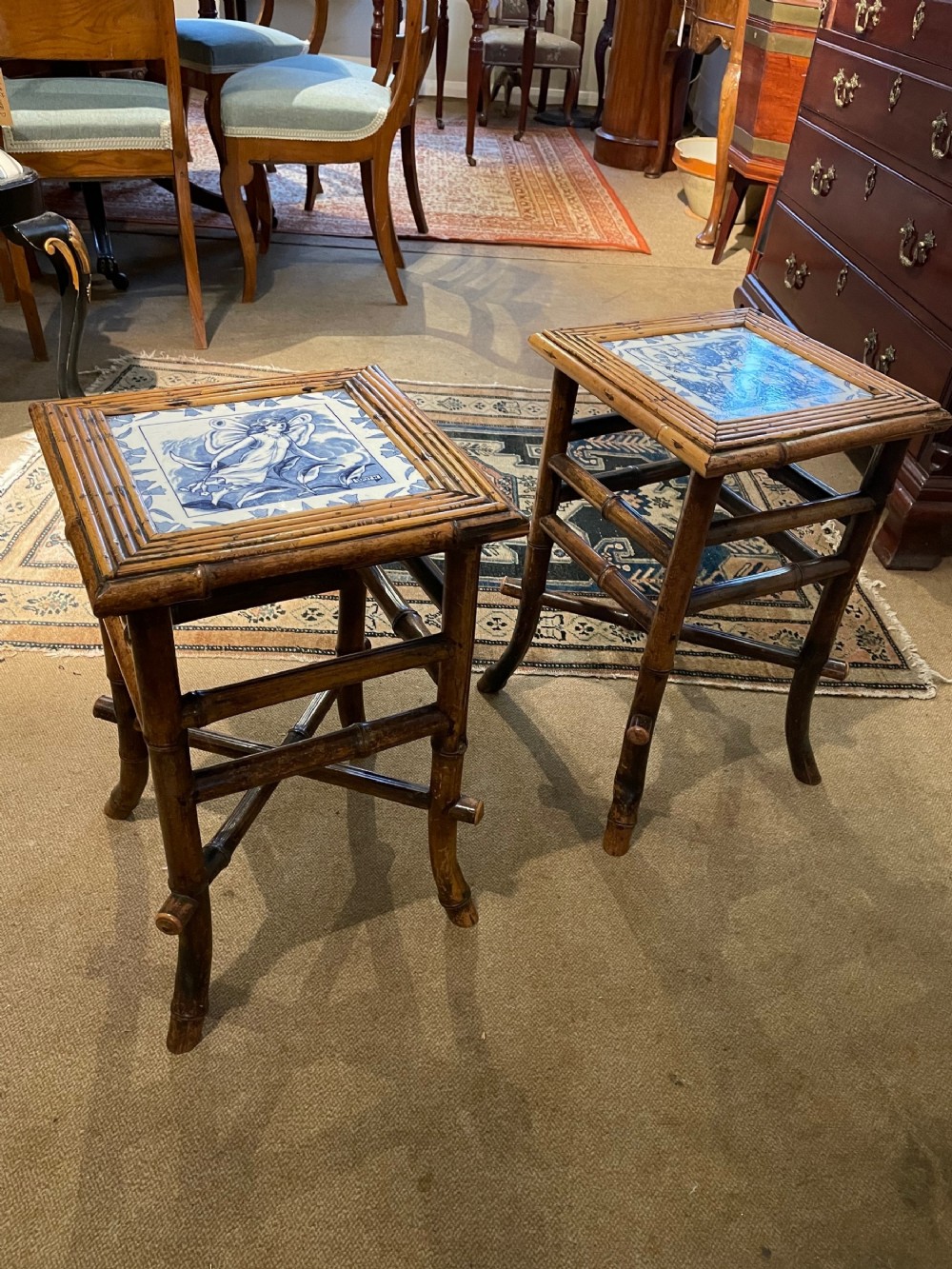 Pair of bamboo and Wedgwood side tables 