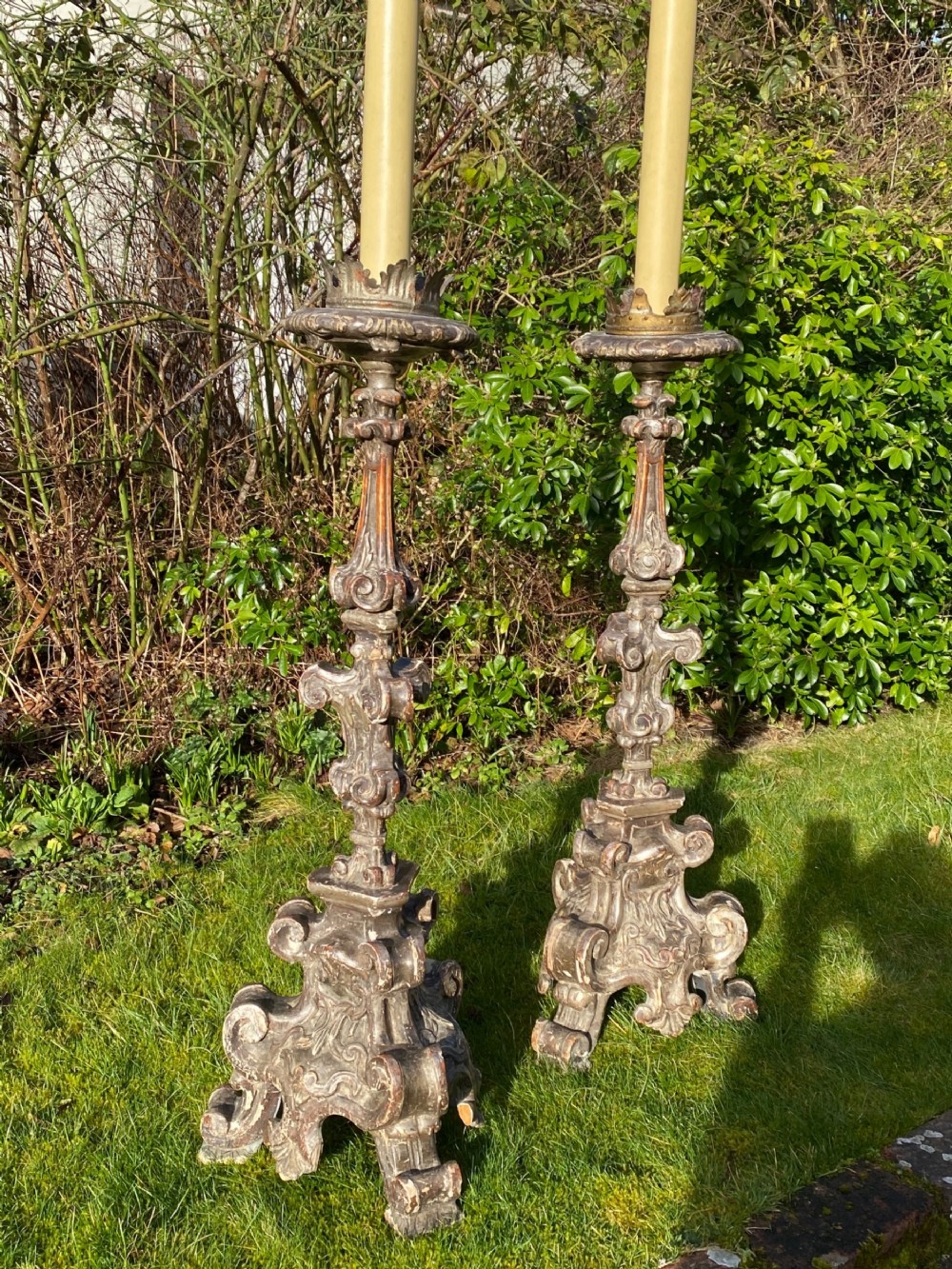 Very large pair of 18th  Century Baroque altar sticks in silver gilt 