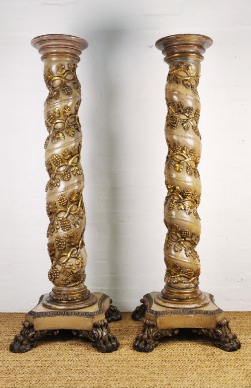 Fine Pair 18thc Carved Solomonic Torchere Stands