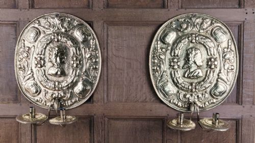 A Decorative Pair of 19thc Repoussé Brass Wall Sconces.