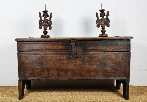 A 16th Century English Boarded Oak Coffer.