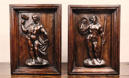 A Pair of 17th Century Panels Depicting Minerva and Vulcan.