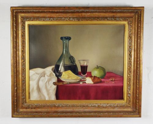 A Fine Still Life Oil Painting of Wine and Cheese.