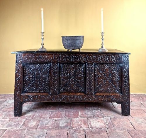 A 17th Century Carved Oak Coffer.