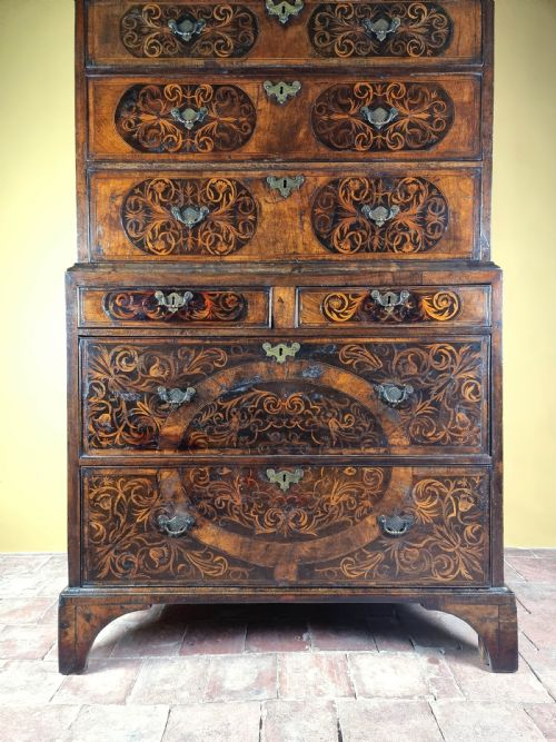 fig 1. A rare George 1st Seaweed marquetry chest on chest.