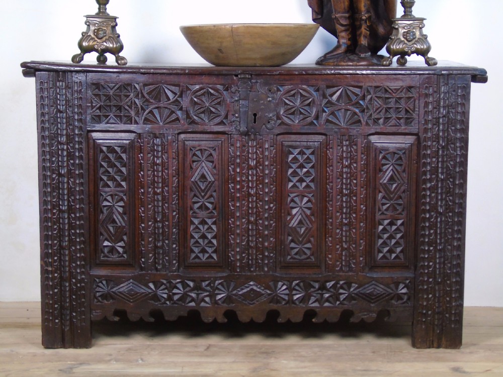 16th Century carved oak coffer  View II