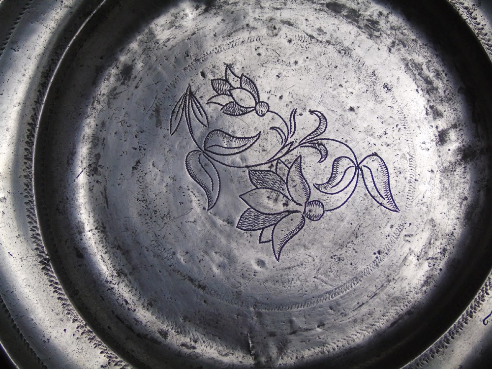 Early 18th Century wriggle-work pewter charger View II