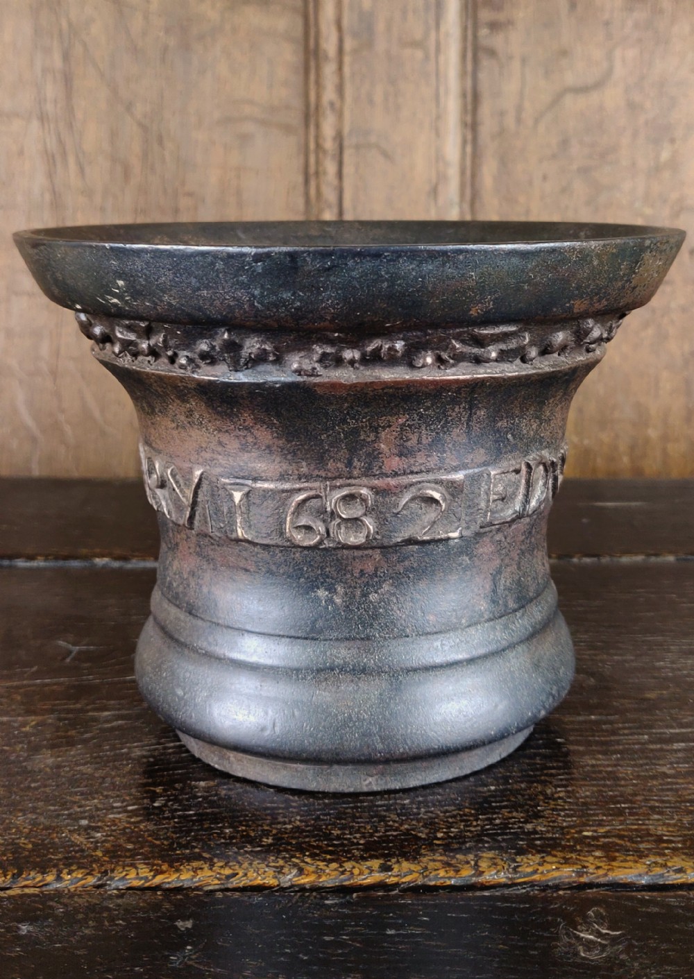A rare 17thC English bronze 'marriage' mortar