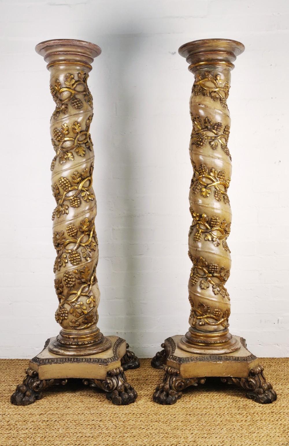 Fine Pair 18thC carved solomonic torchere stands
