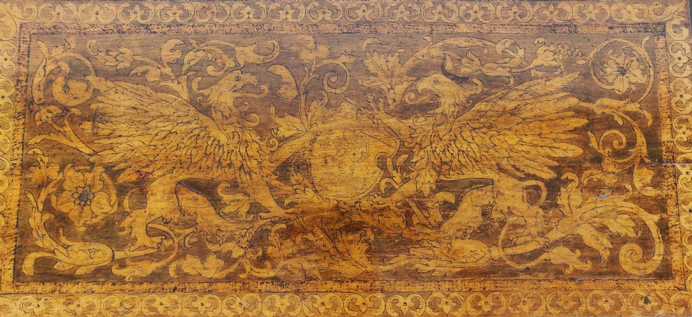A fantastic late 19th century Italian poker work coffee table.  View II