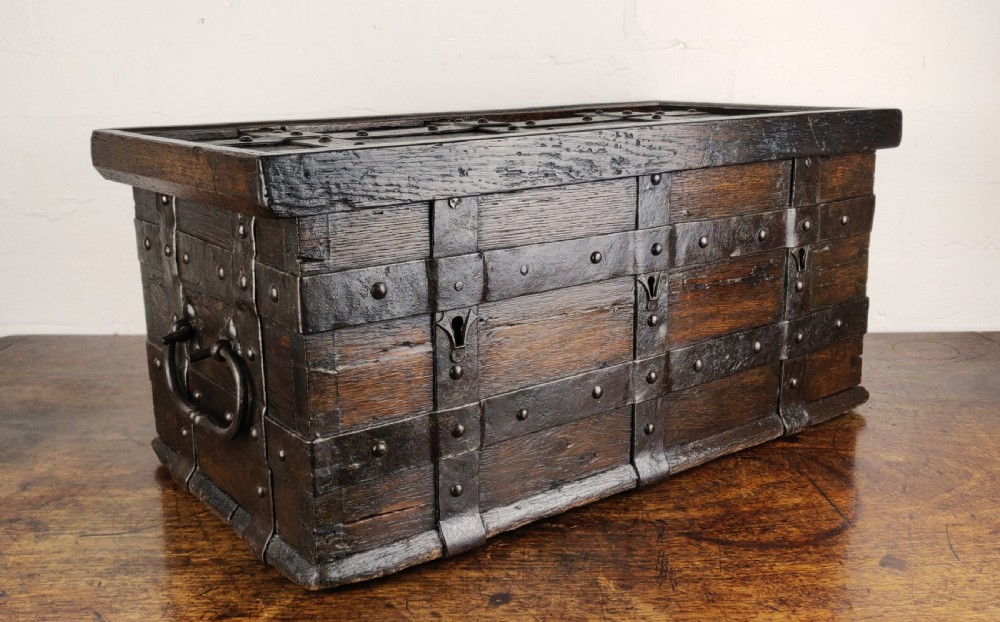 A fabulous late 16th century Iron bound collection chest.