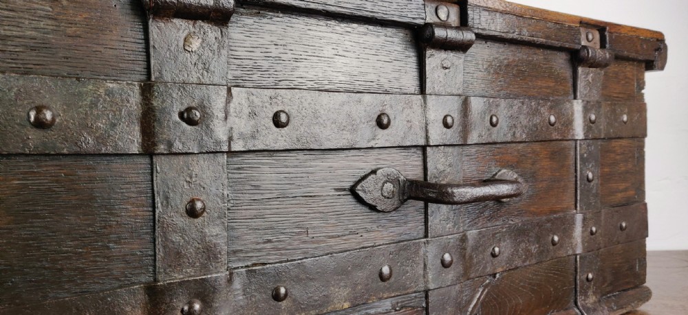 A fabulous late 16th century Iron bound collection chest. View V