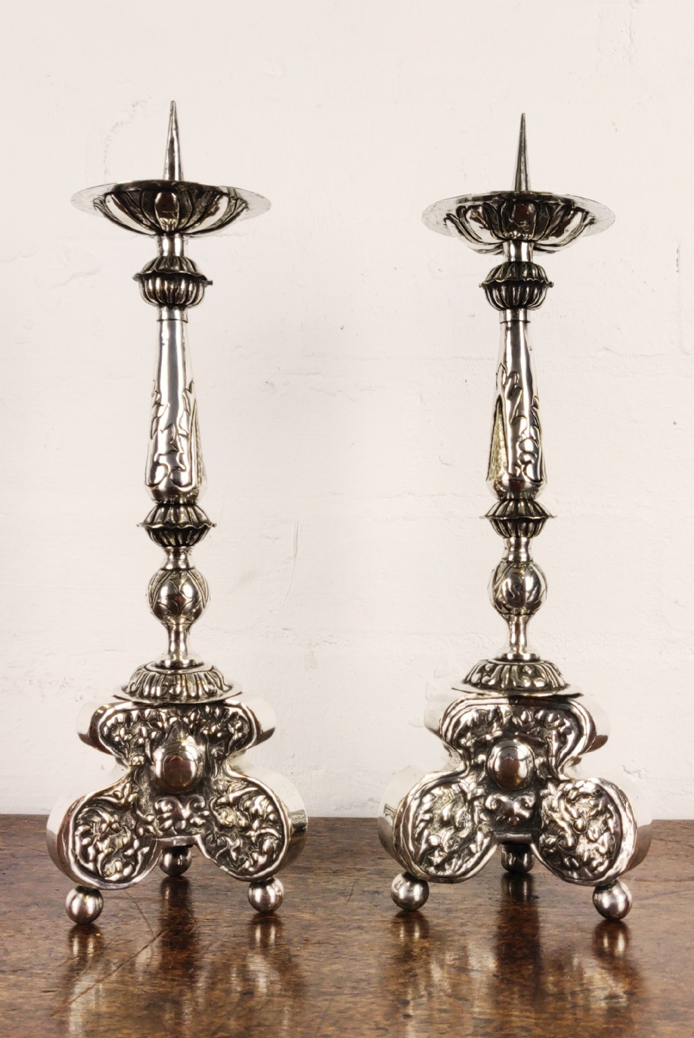 A fine pair of 18th century silvered prickets. 
