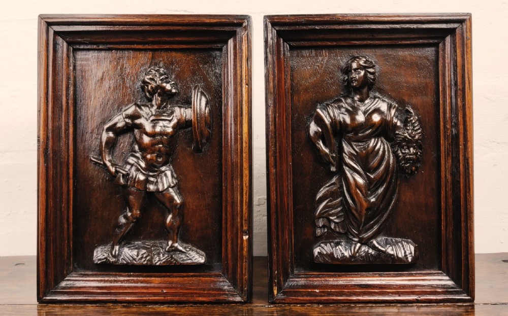 A pair of 17th century panels depicting Judith and a gladiator. 