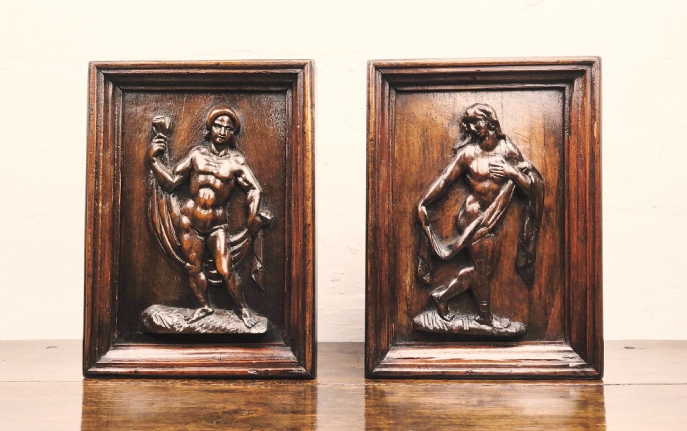 A pair of 17th century panels depicting Ares and Juno. 