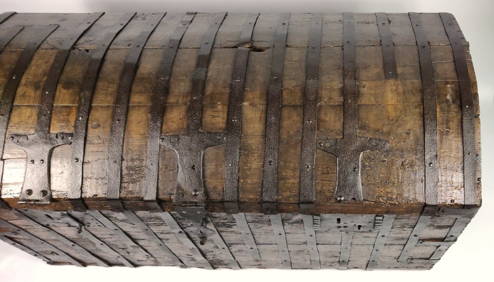 A large early 17th century iron bound chest.  View V