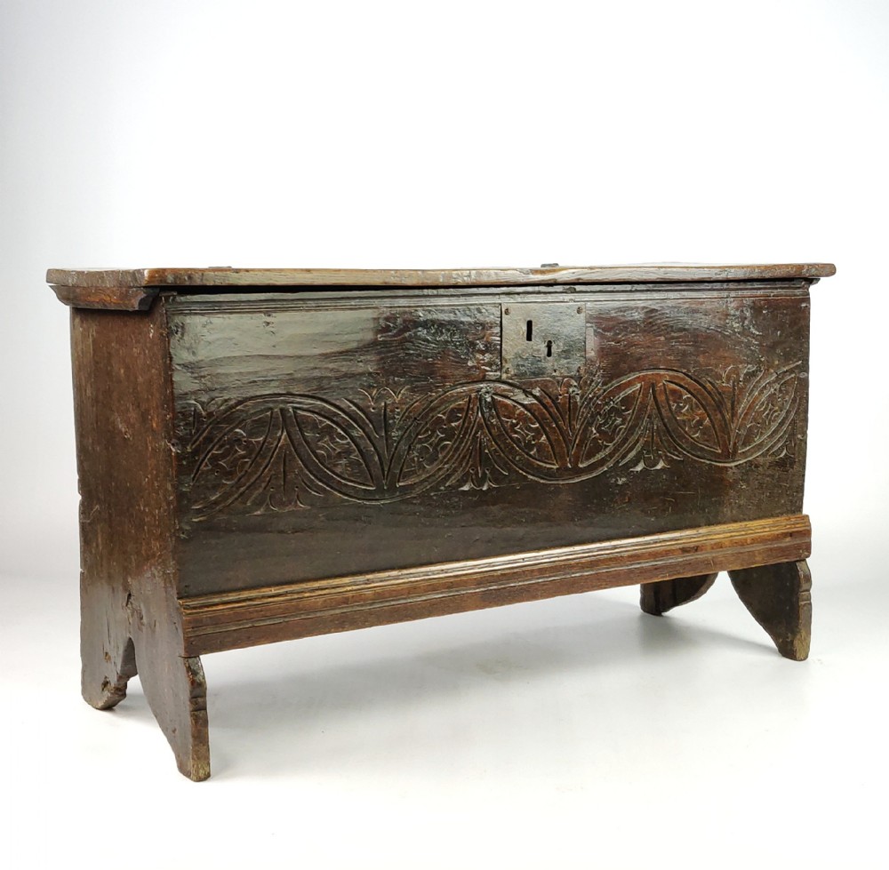 17th century carved oak plank coffer. 