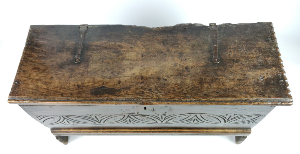 17th century carved oak plank coffer.  View IV