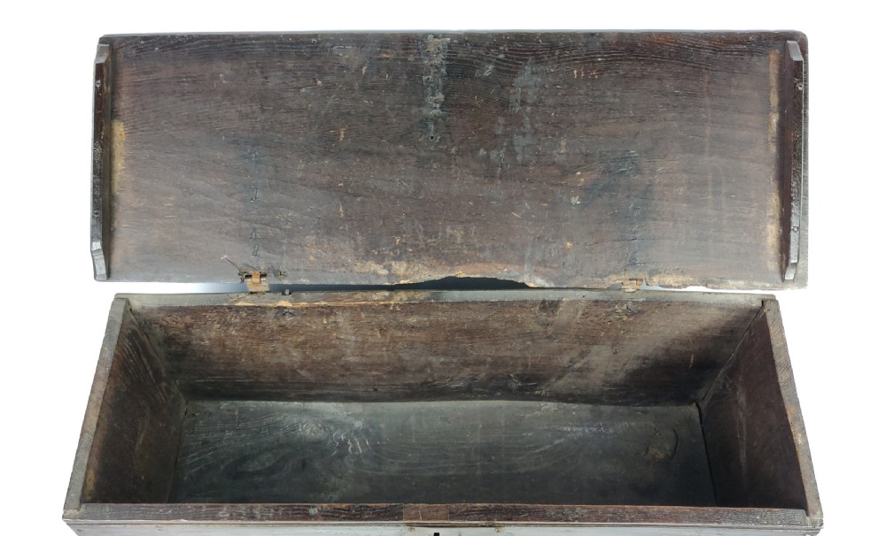 17th century carved oak plank coffer.  View V