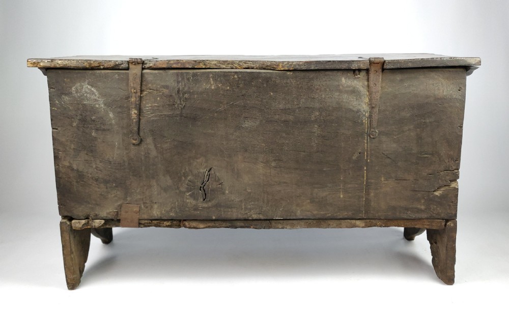 17th century carved oak plank coffer.  View VII