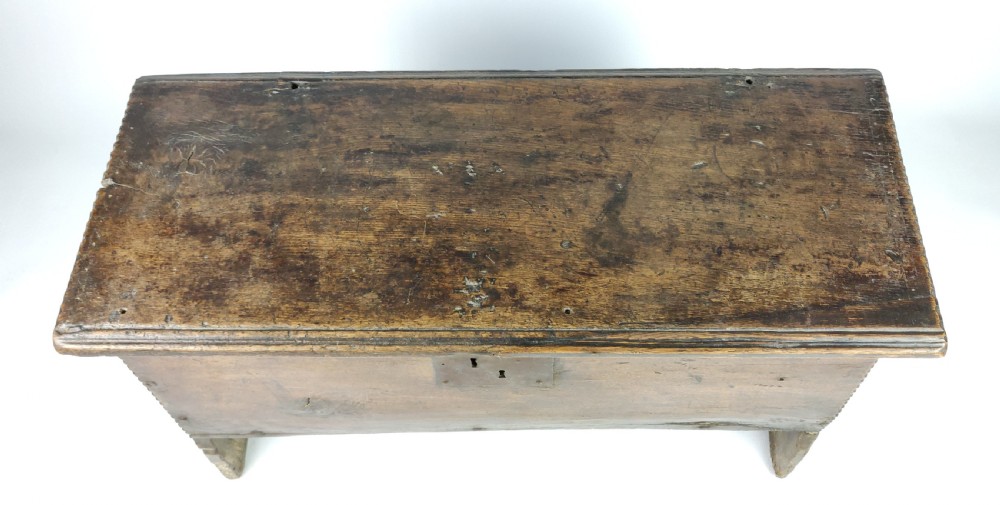 17th century carved oak plank coffer.  View VIII