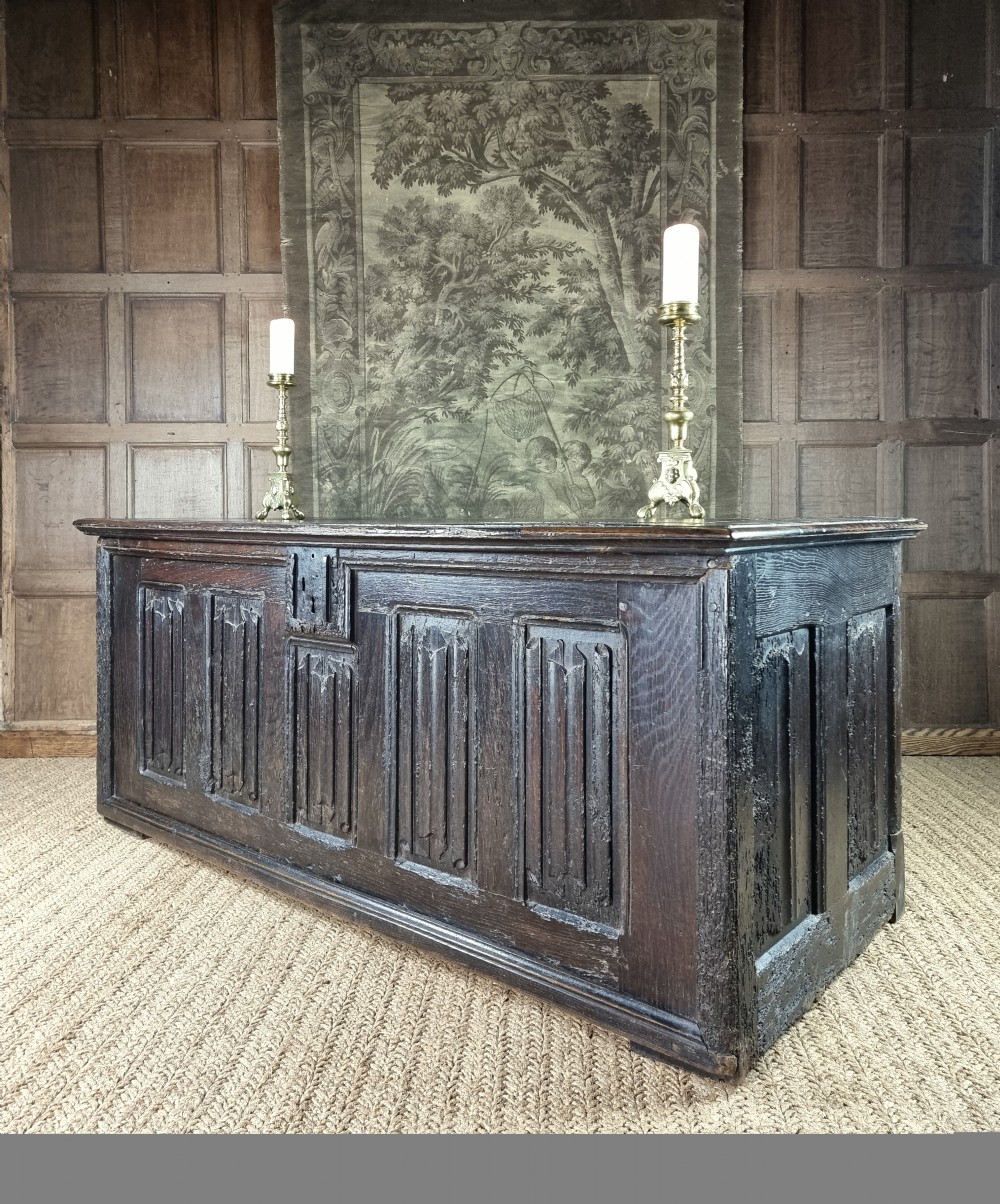 A large early 16th century linenfold coffer.  View XVIII