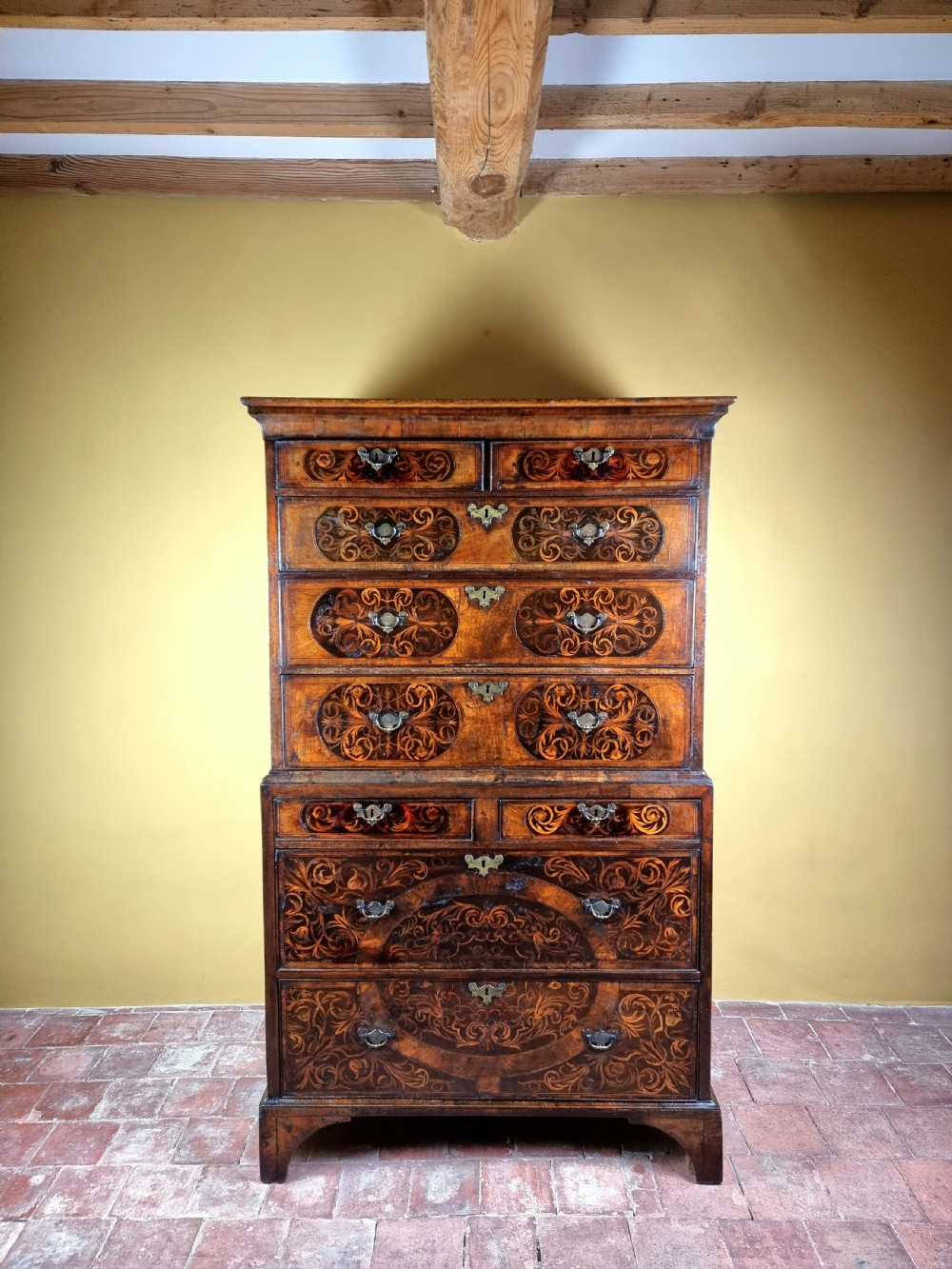 A rare George 1st Seaweed marquetry chest on chest.