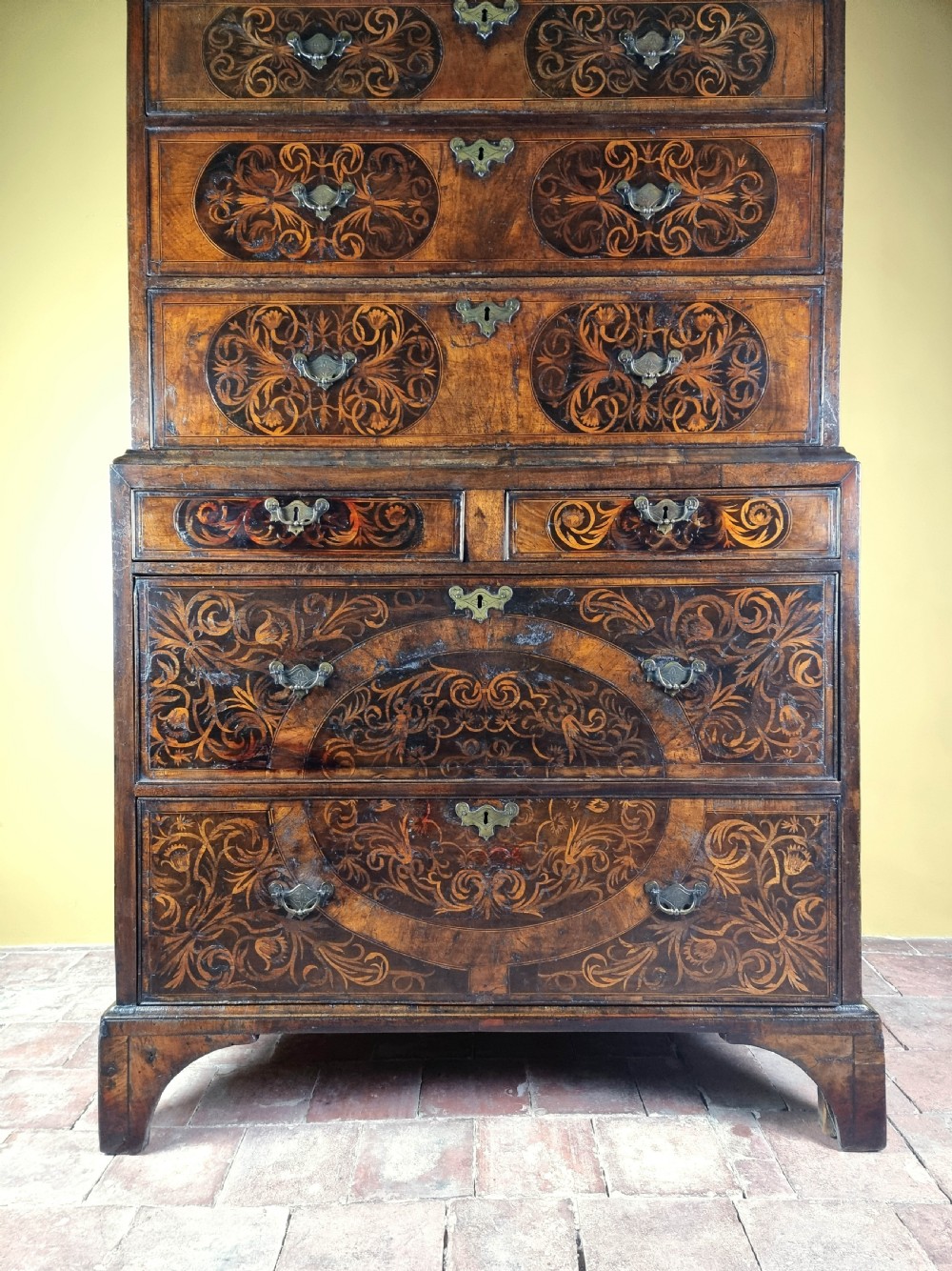 A rare George 1st Seaweed marquetry chest on chest. View II