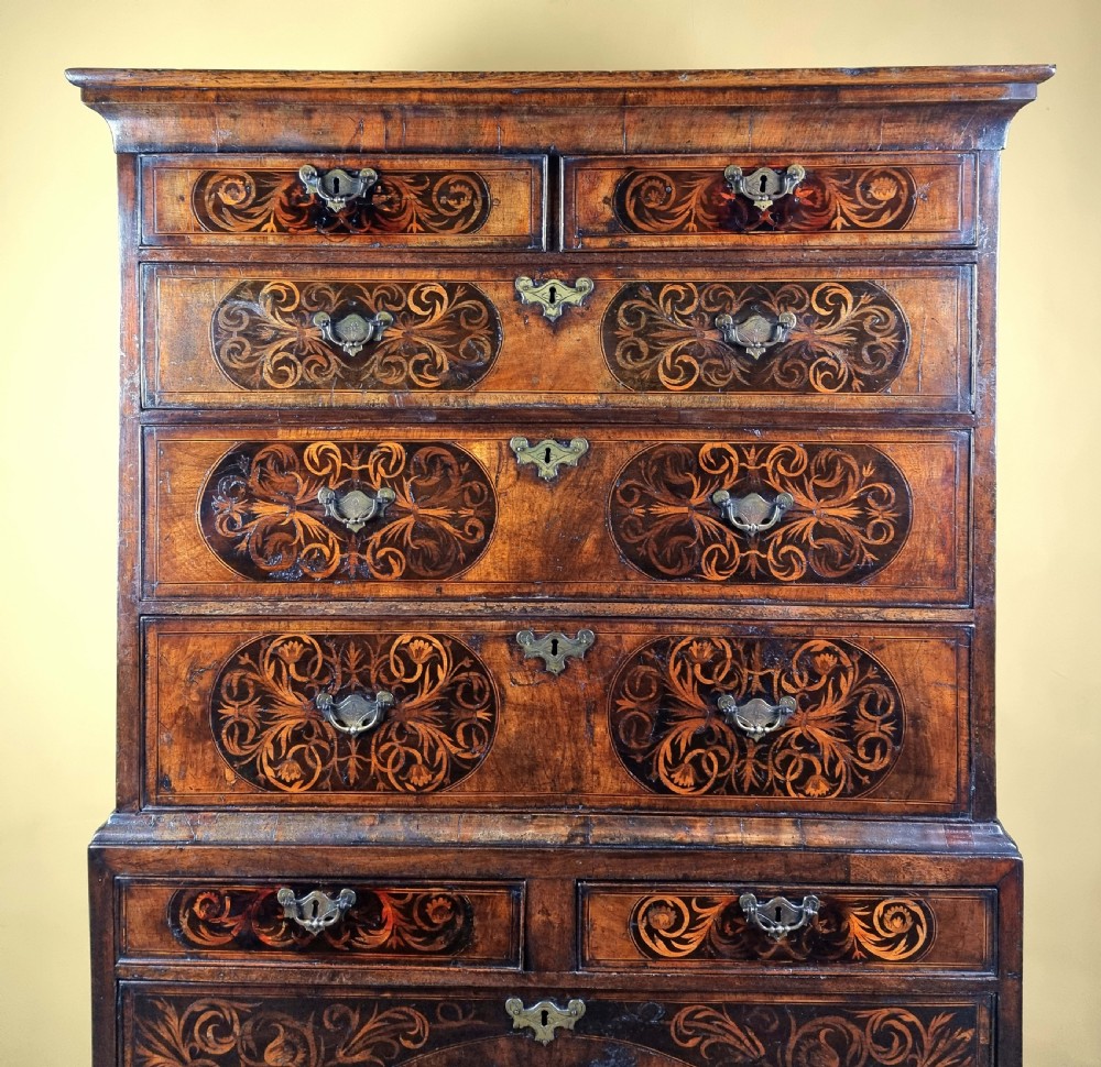 A rare George 1st Seaweed marquetry chest on chest. View III