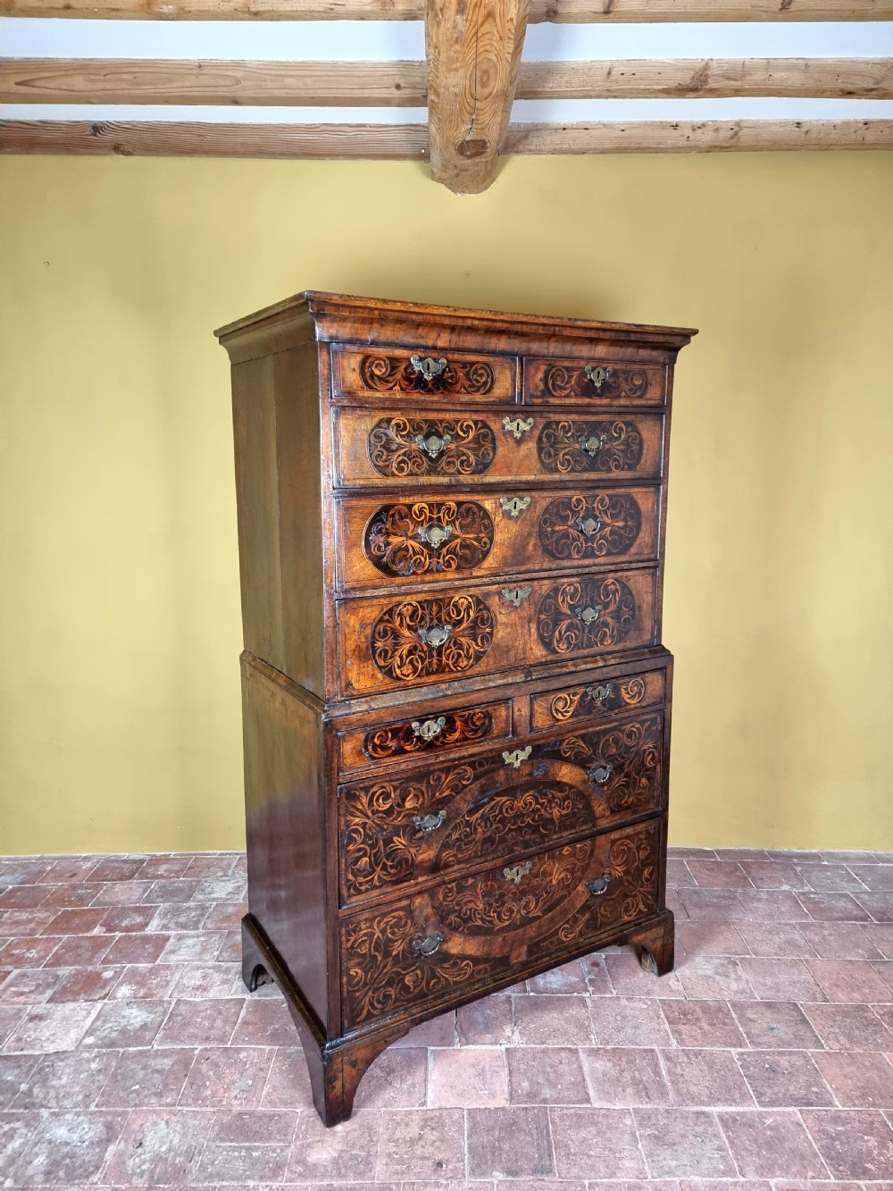 A rare George 1st Seaweed marquetry chest on chest. View IV