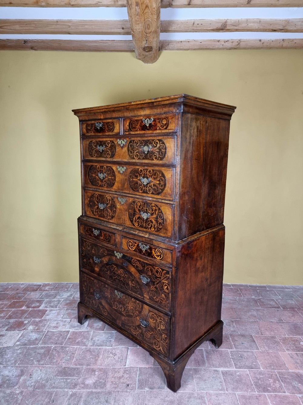 A rare George 1st Seaweed marquetry chest on chest. View XII