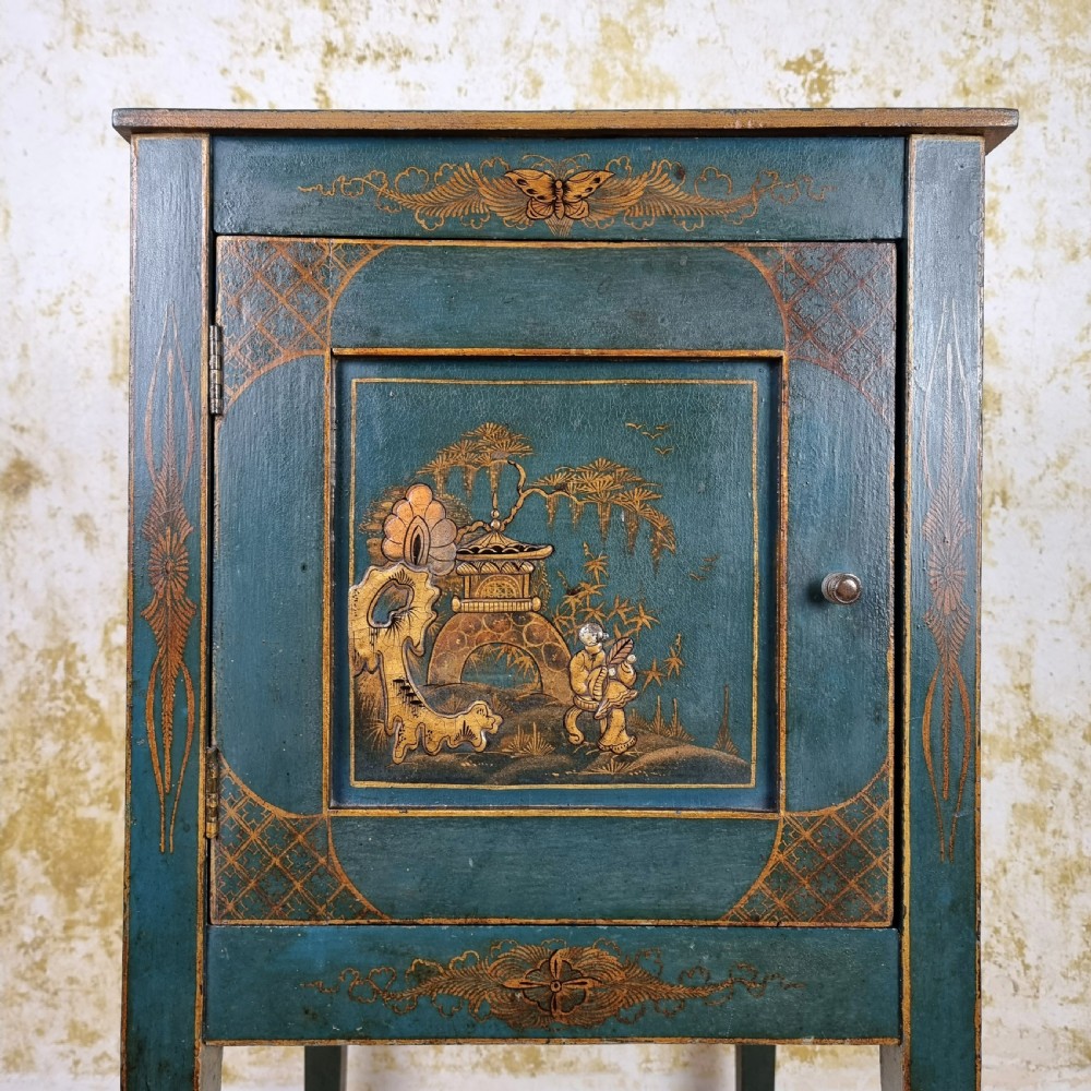 A 1920's blue chinoiserie bedside cabinet. View II