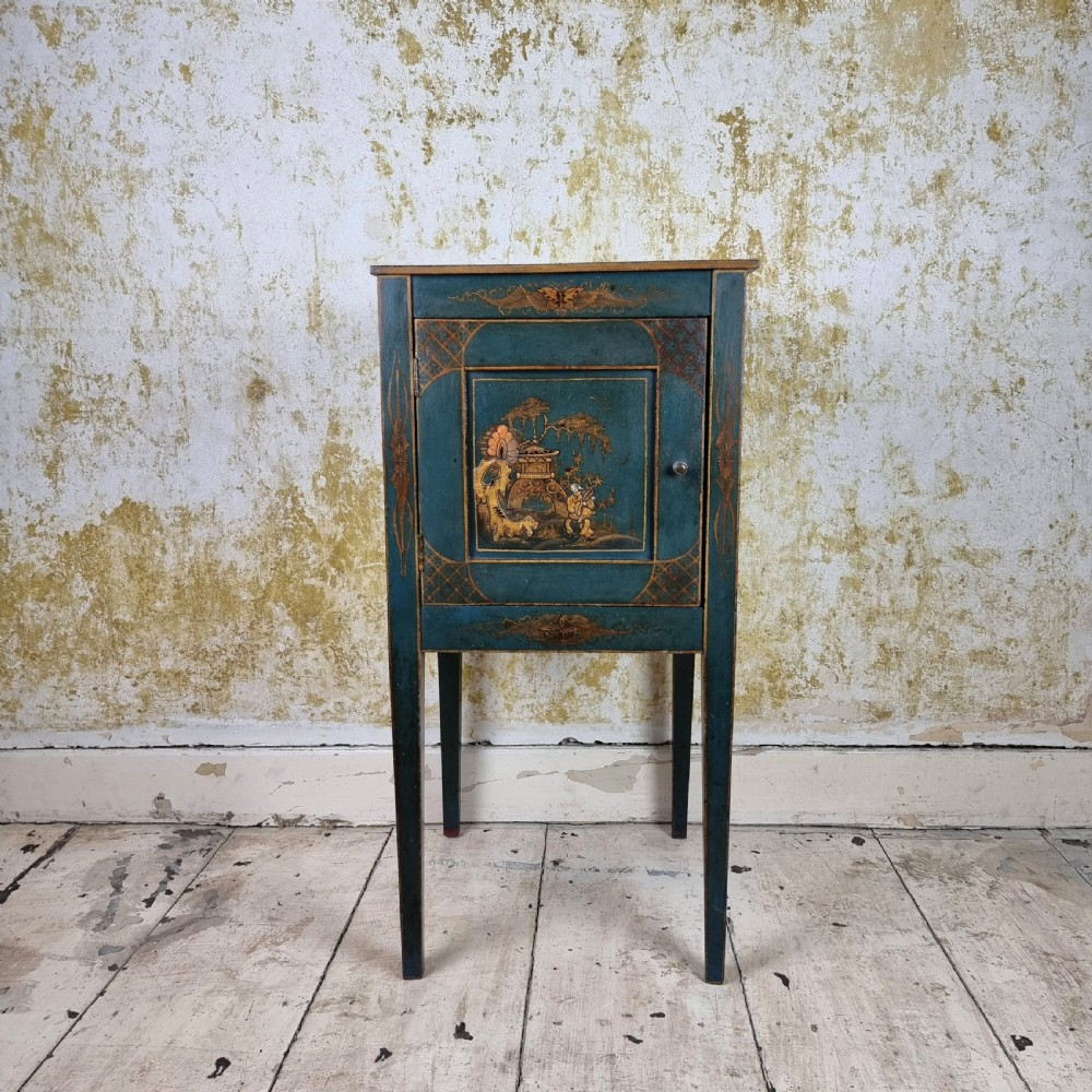 A 1920's blue chinoiserie bedside cabinet. View X