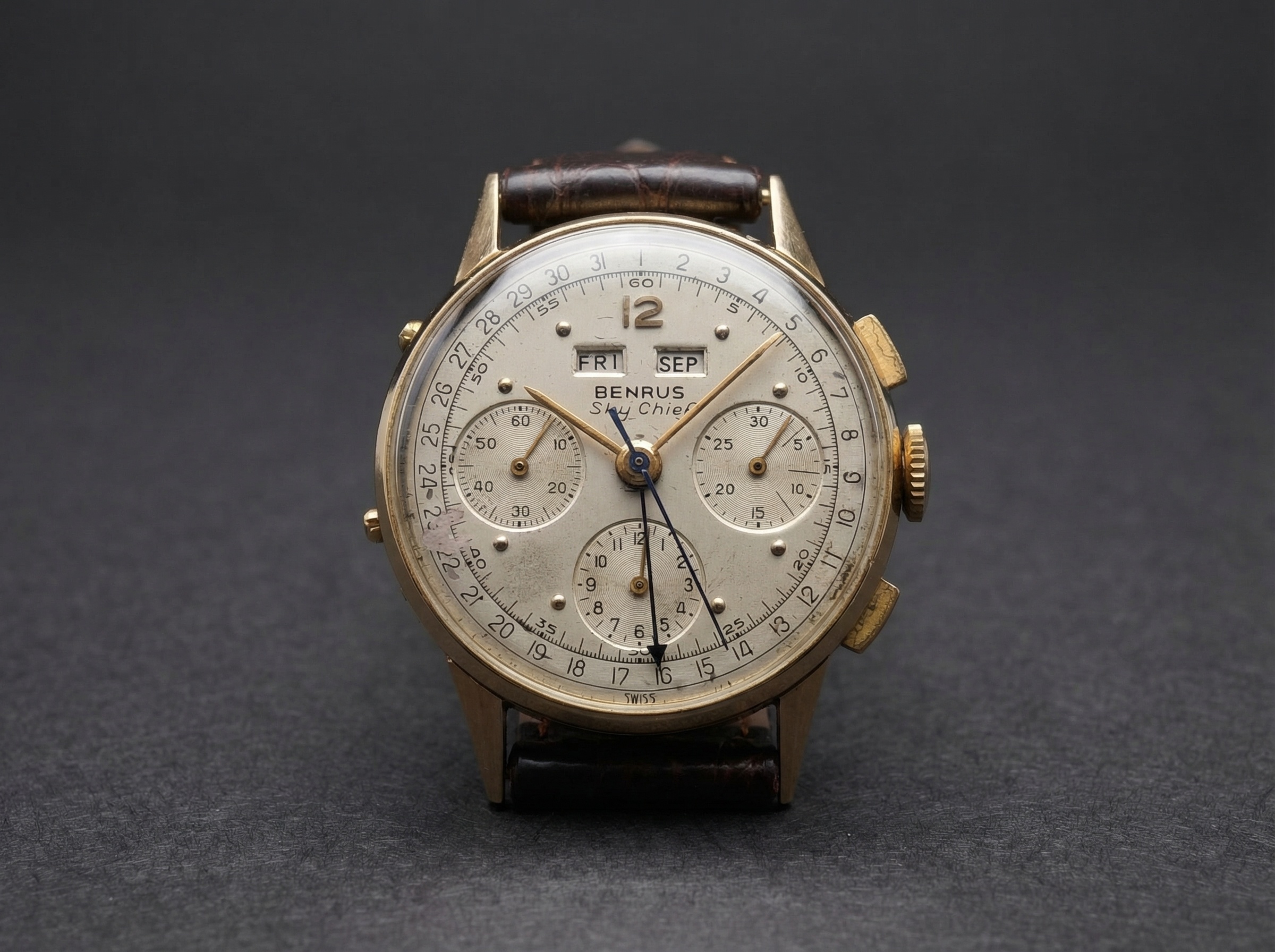 Benrus Sky Chief Gold Triple Date. Chronograph Watch 1940s.