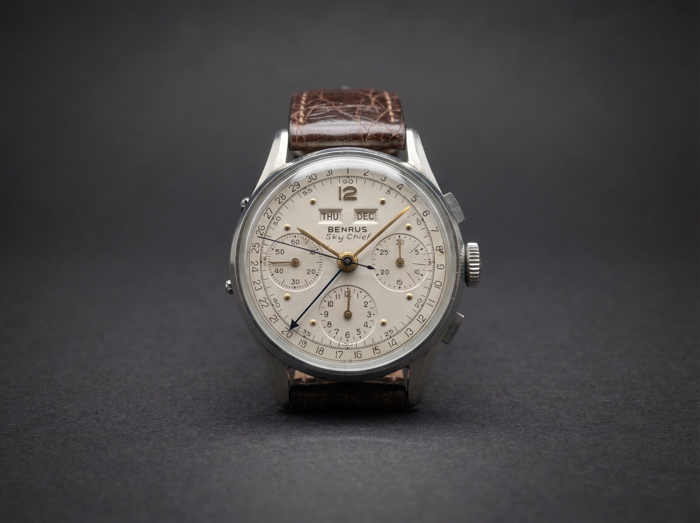 Benrus Sky Chief Steel Triple Date Chronograph Watch. 1940s.
