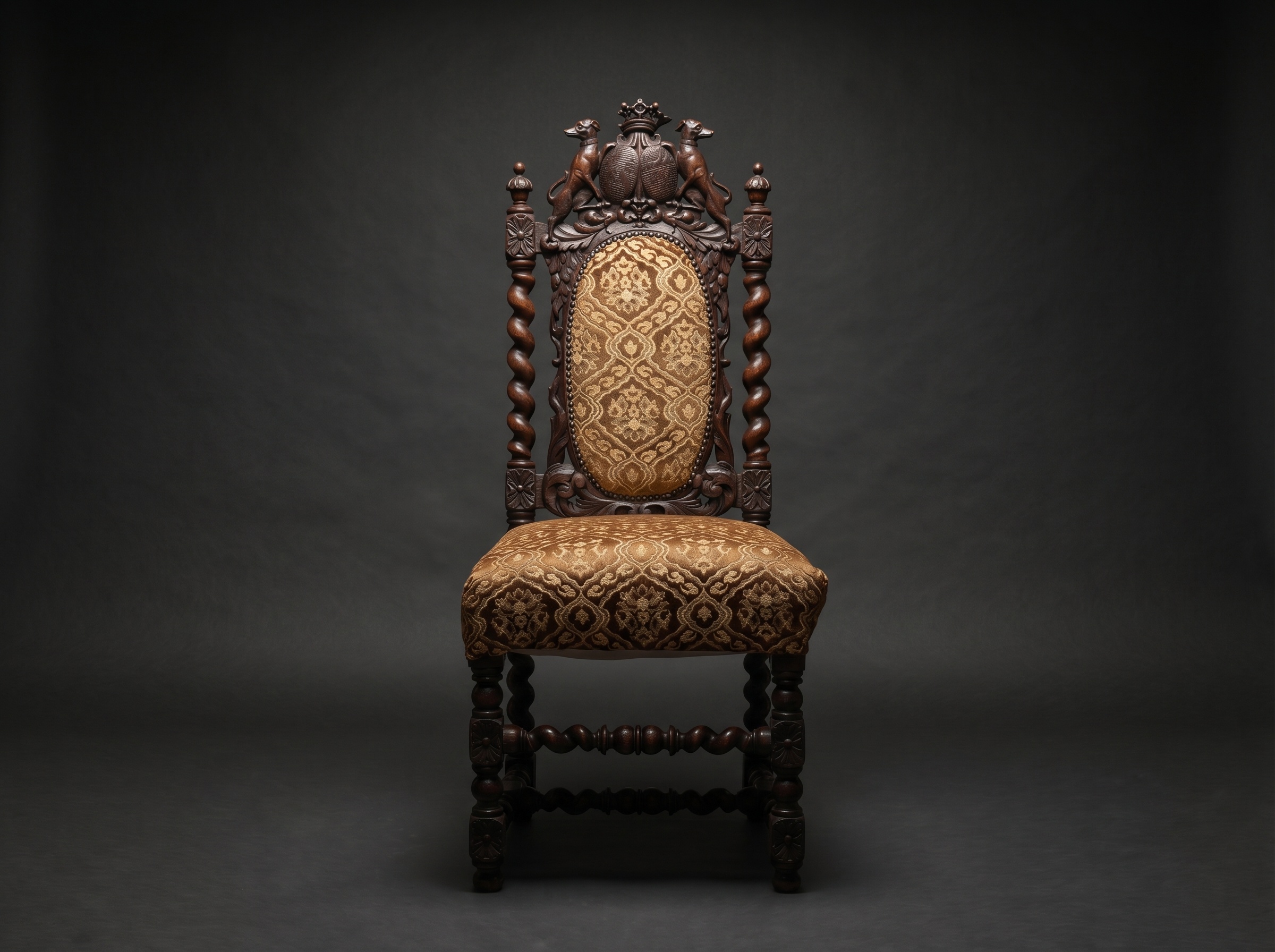 Carved oak chair with Scottish Family Coat of Arms with Greyhounds. Circa 1890.