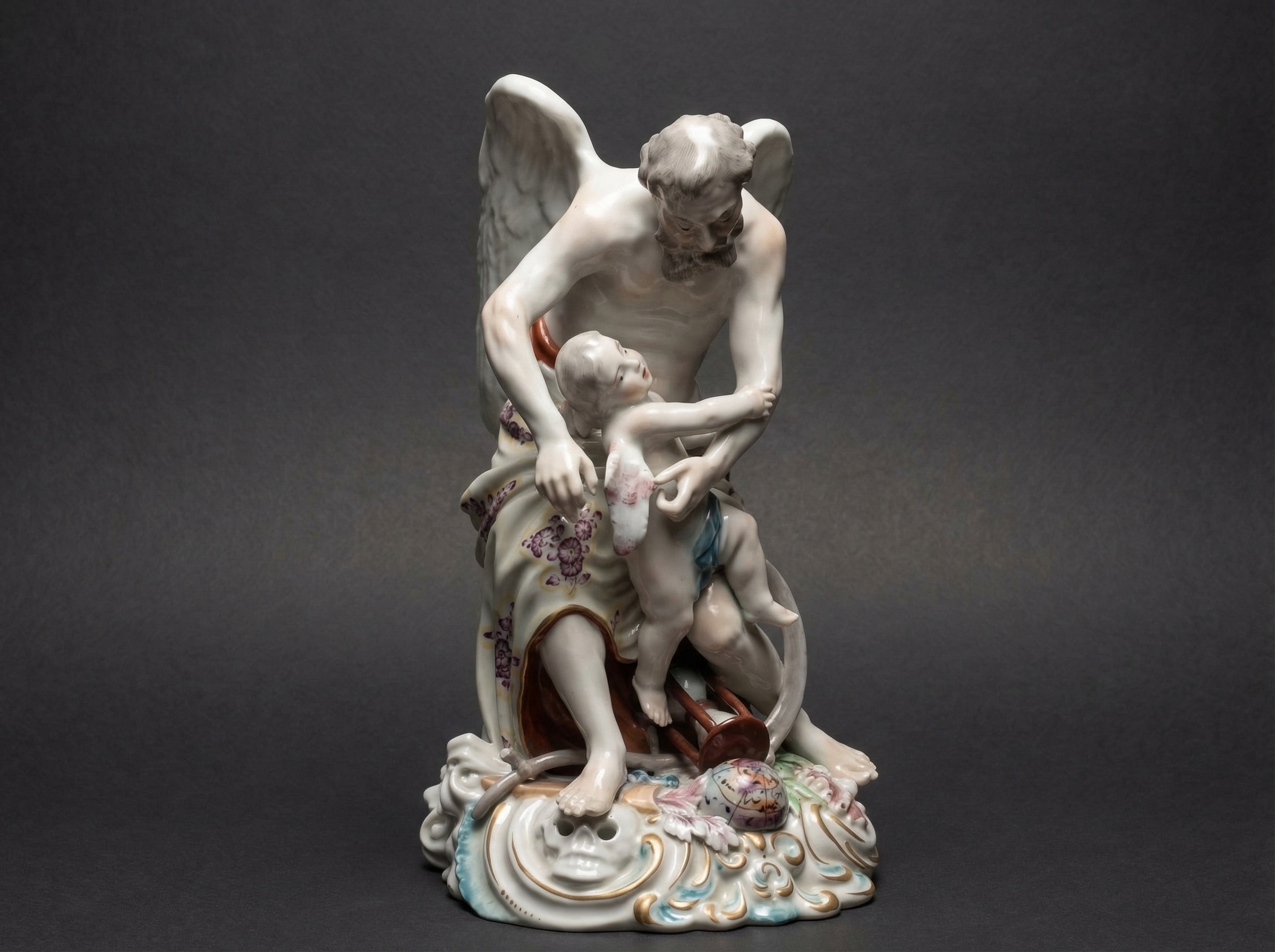 EARLY DERBY PORCELAIN  FIGURE GROUP DEPICTING FATHER TIME CLIPPING CUPIDS WINGS. 20cm sculpture. Circa 1770