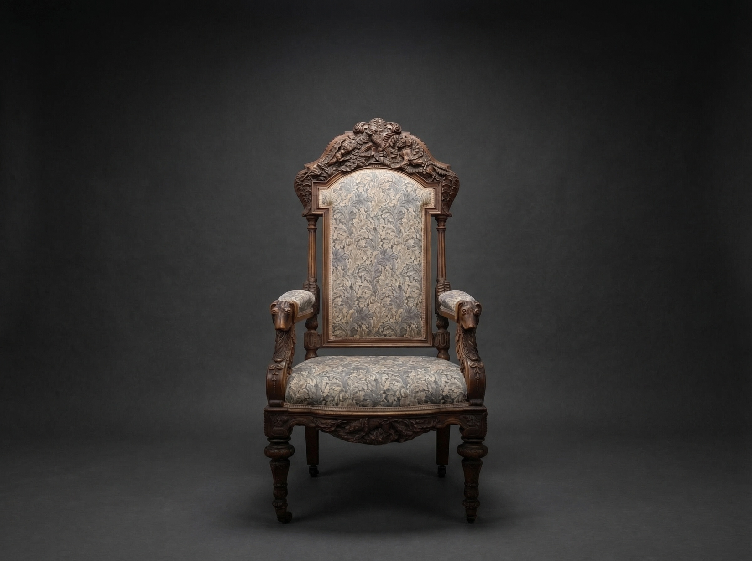 Exhibition Victorian Oak Gothic 'Hunting' Armchair. Elaborately Carved with Dogs / Hounds. Dated 1871.