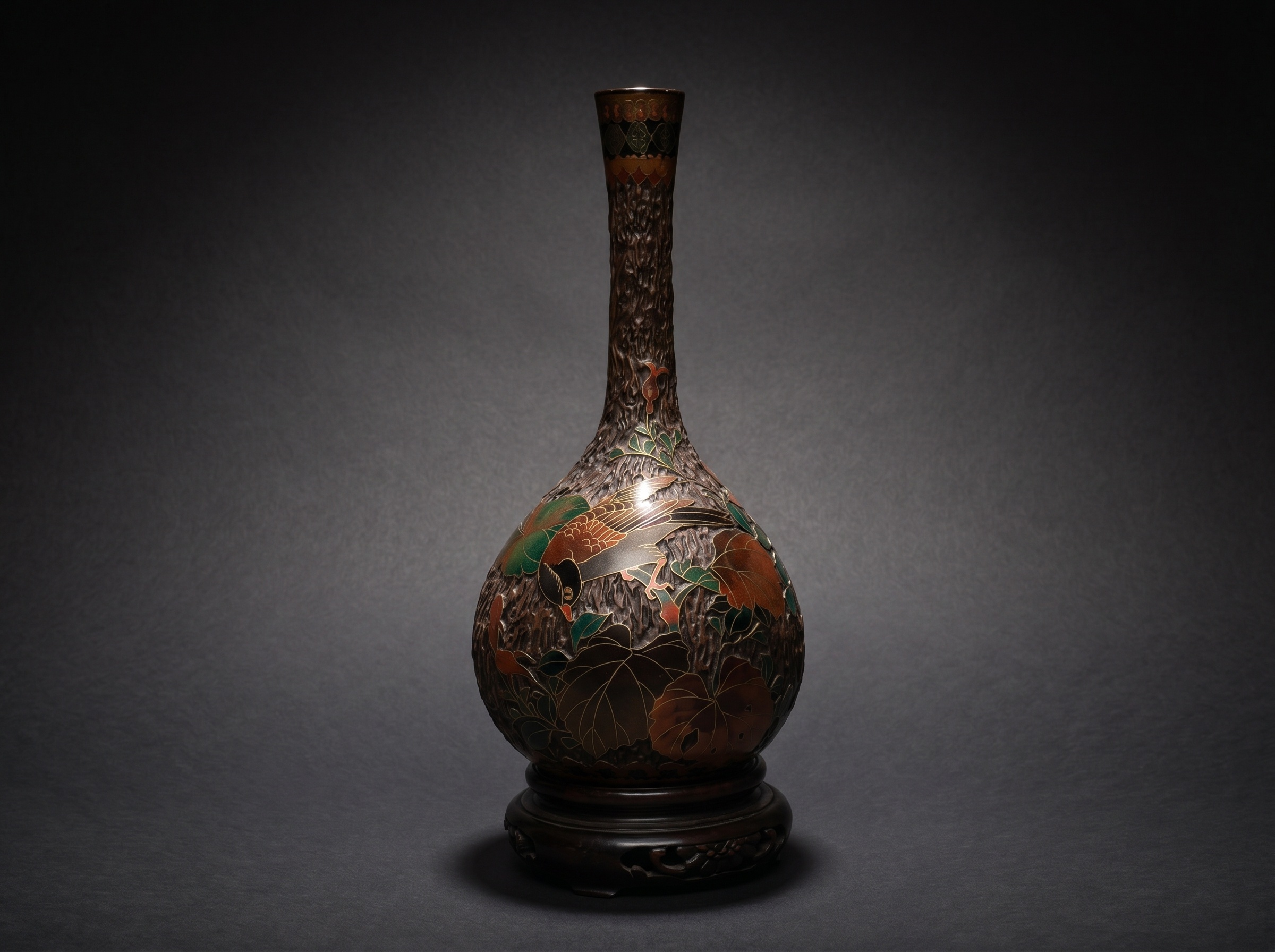 Fine Japanese Totai Shippo Vase. Cloisonne Tree Bark: Bird / Flowers #2. Circa 1890.