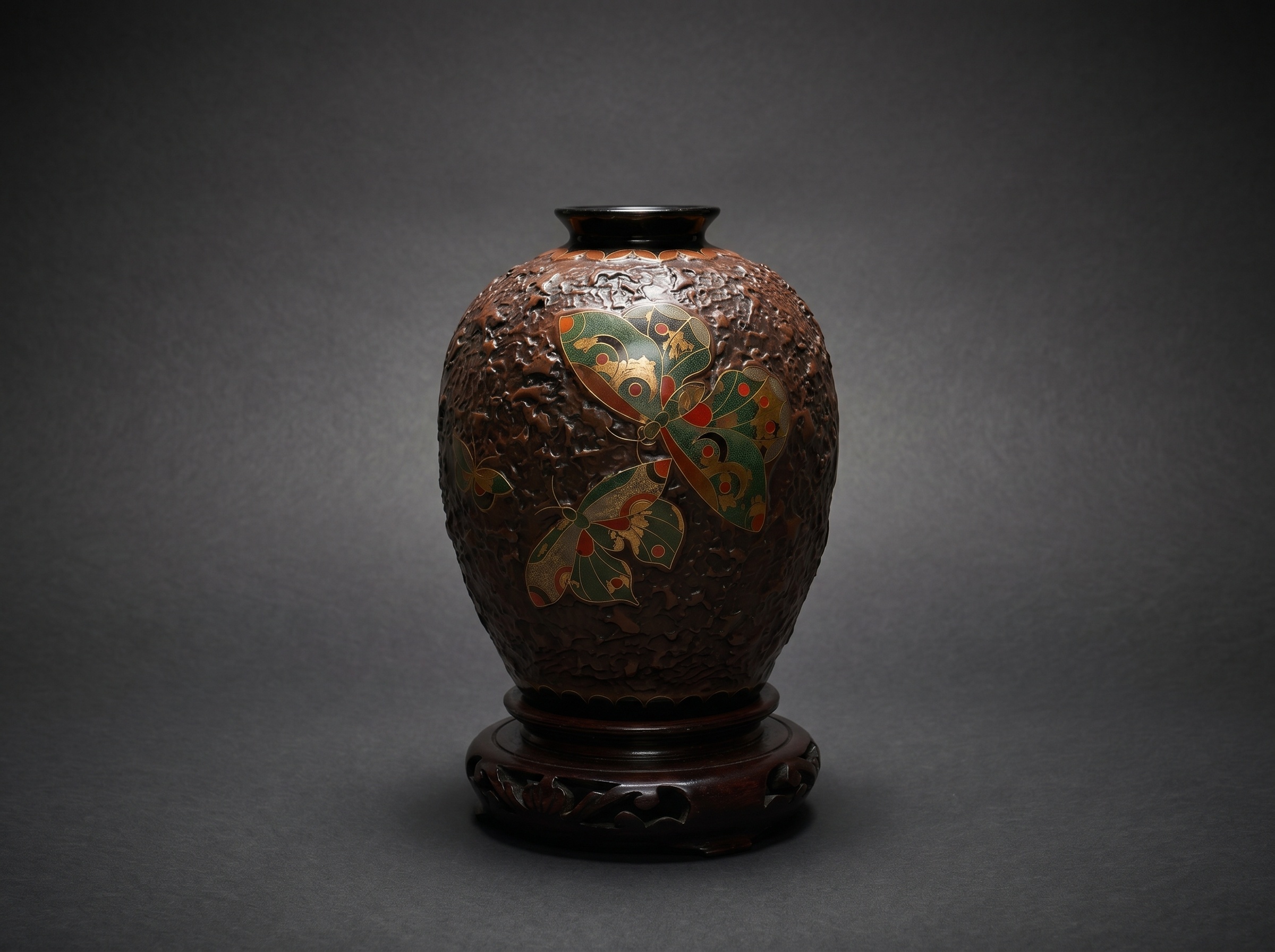 Fine Japanese Totai Shippo Vase. Cloisonne Tree Bark: Kintsugi Technique. Butterfly. Circa 1890.