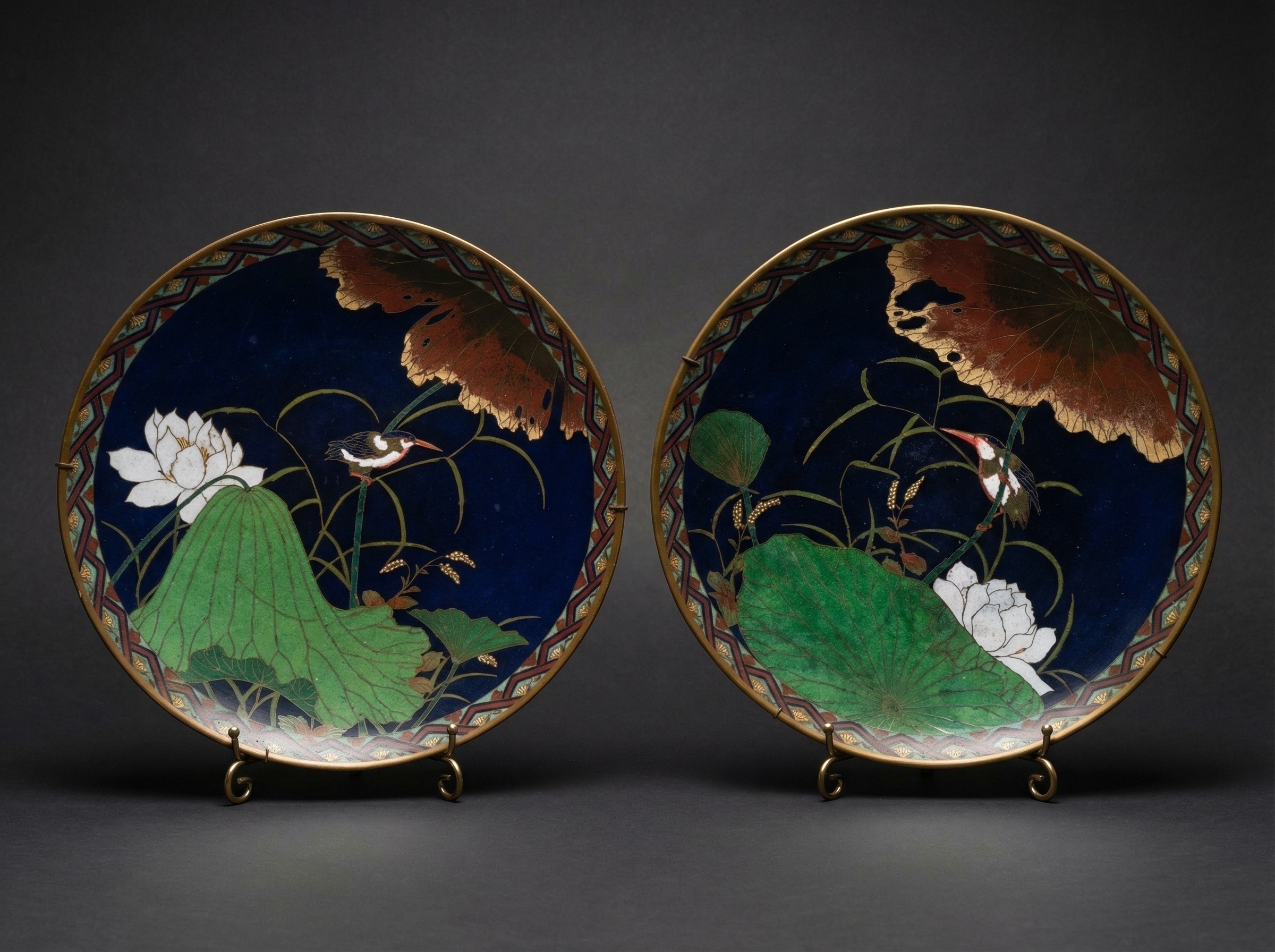 Fine Pair Japanese Meiji Cloisonne Plates / Chargers. Circa 1900.